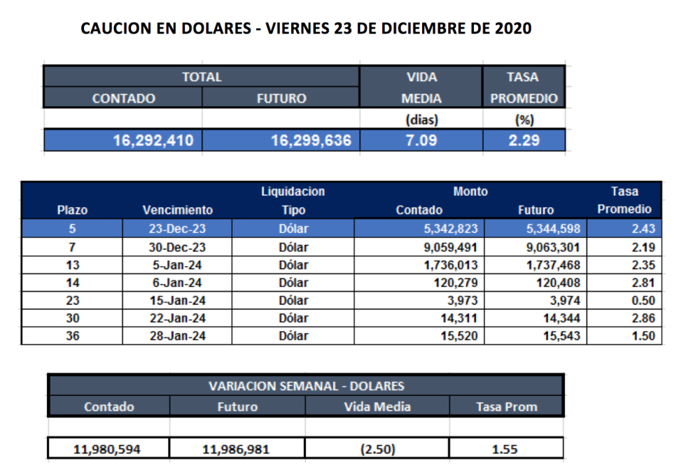 Cauciones bursátiles en dólares al 23 de diciembre 2020