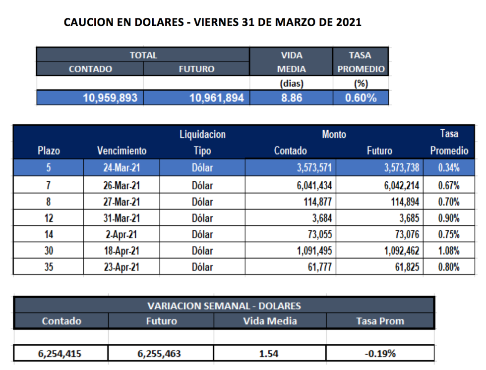 Cauciones bursátiles en dolares al 31 de marzo 2021