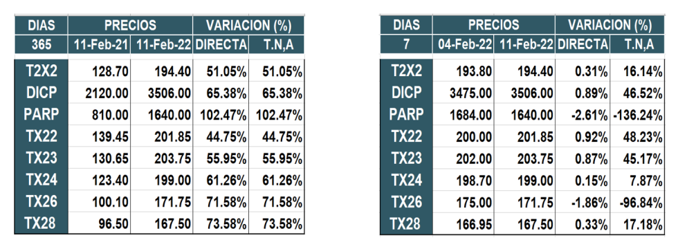 Bonos argentinos en pesos al 11 de febrero 2022