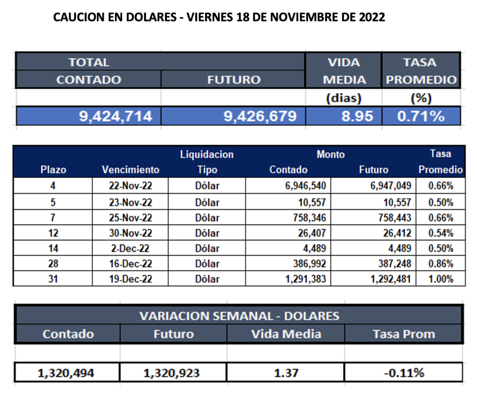 Cauciones bursátiles en dolares al 18 de noviembre 2022