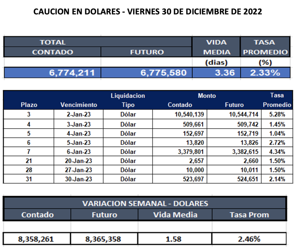 Cauciones bursátiles en dolares al 30 de diciembre 2022