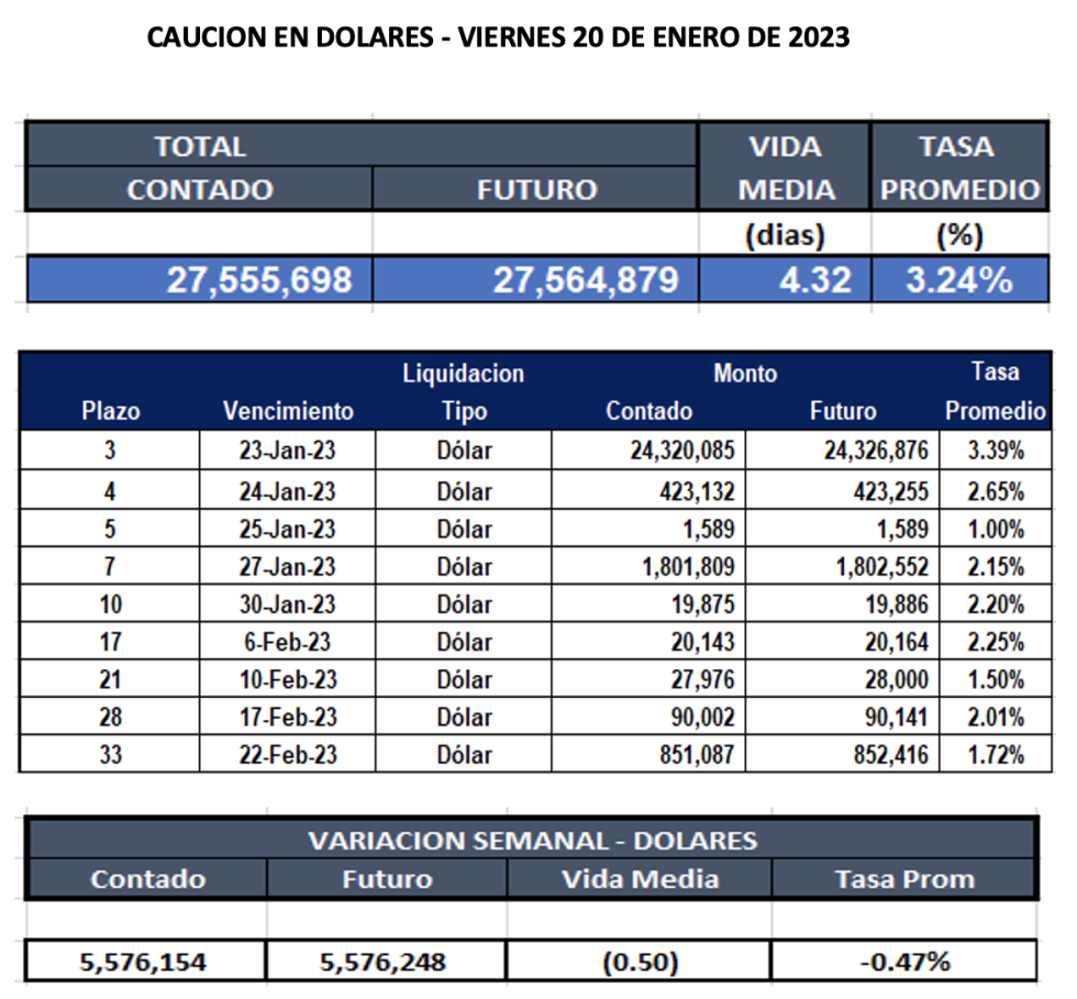 Cauciones bursátiles  en dolares al 20 de enero 2023