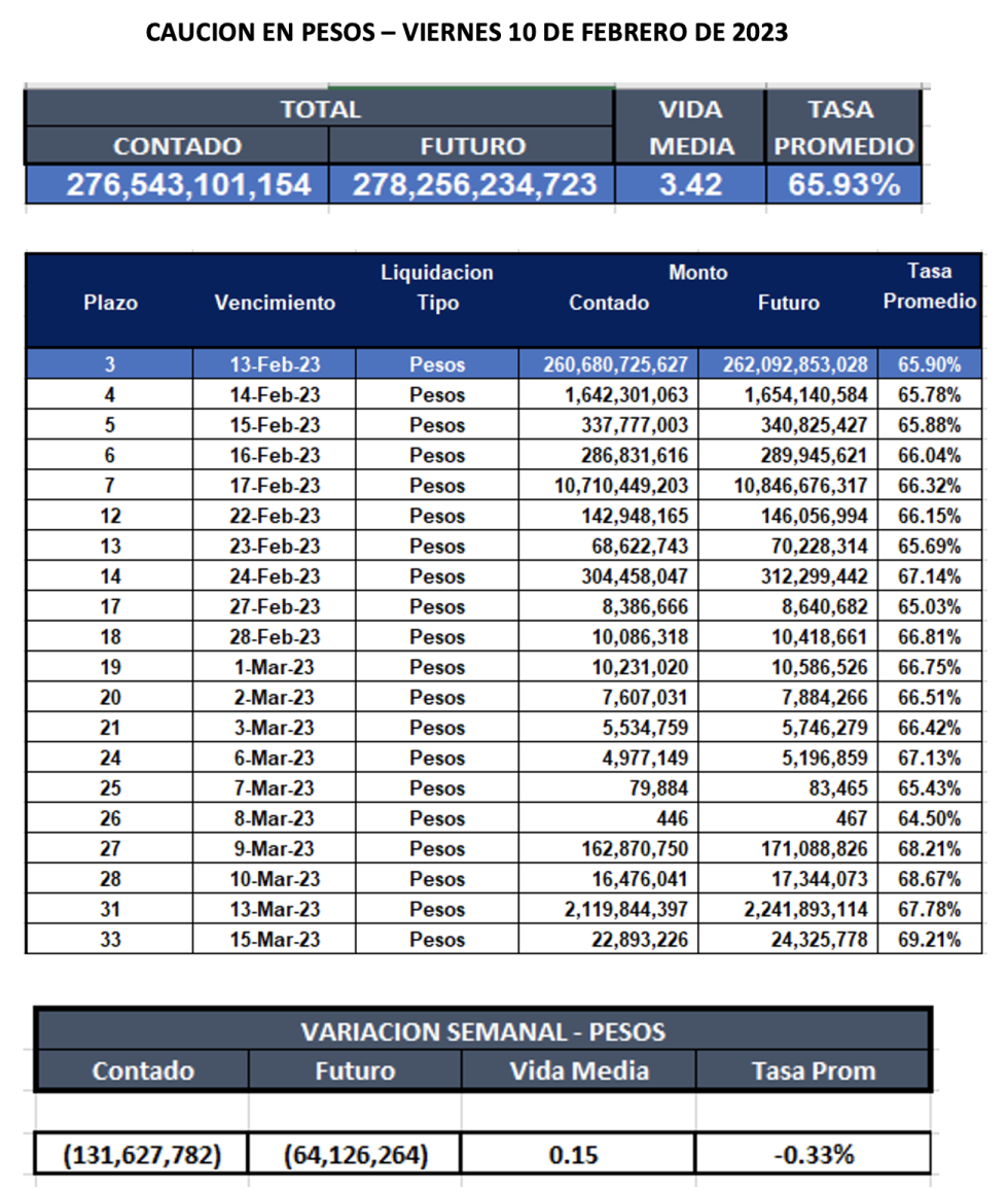 Cauciones bursátiles en pesos al 10 de febrero 2023