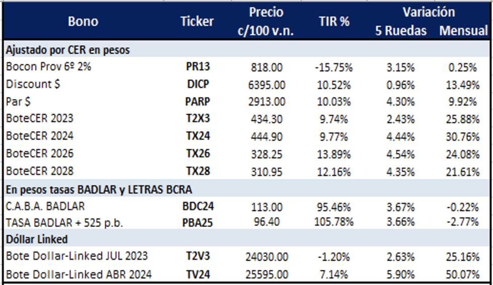 Bonos argentinos en pesos al 24 de mayo 2023