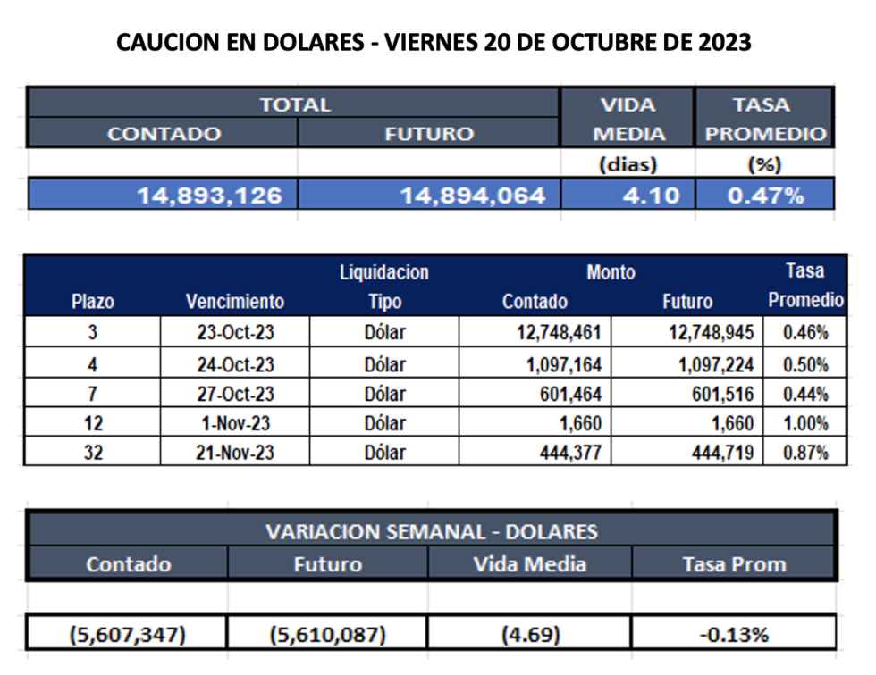 Cauciones bursátiles en dólares al 20 de octubre 2023