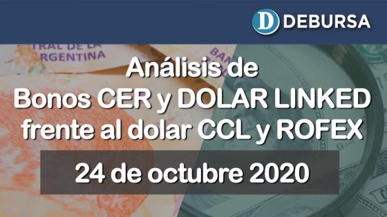 Bonos argentinos ajustador por CER y Dolar-linked frente dolar CCL y el ROFEX al 23 de octubre 2020