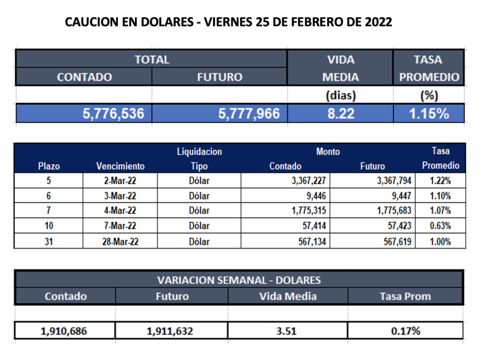 Cauciones bursátiles en dólares al 25 de febrero 2022