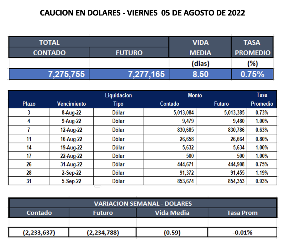 Cauciones bursátiles en dolares al 5 de agosto 2022