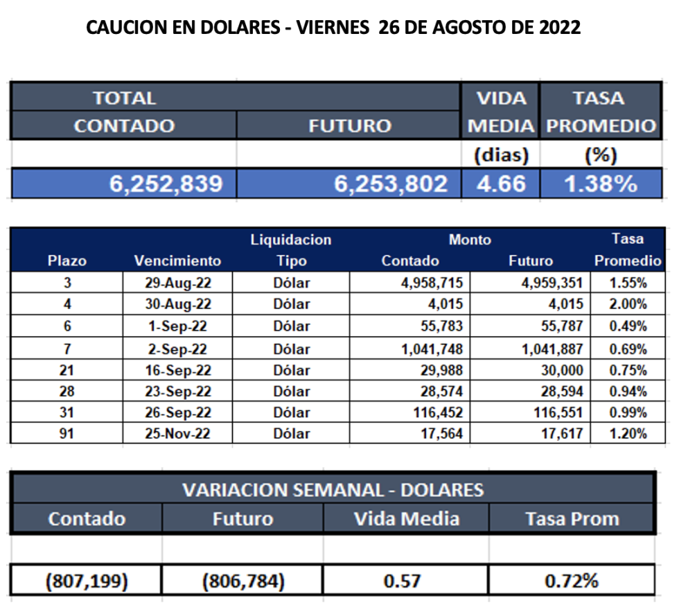 Cauciones bursátiles en dólares al 26 de agosto 2022