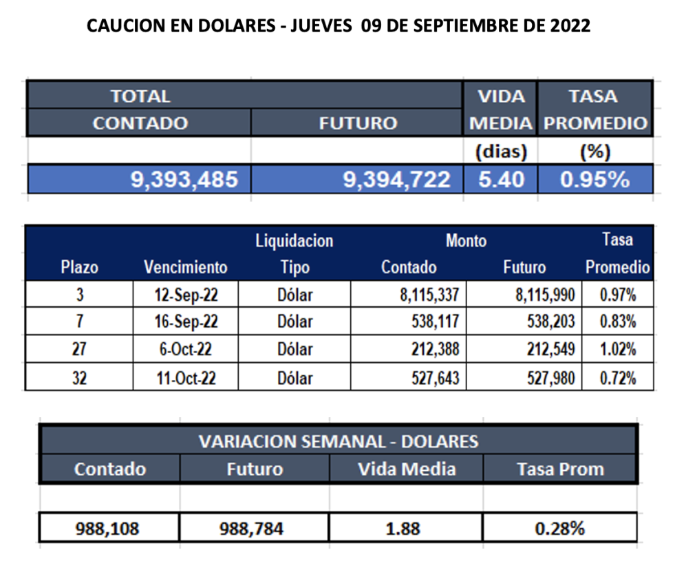 Cauciones bursátiles en dólares al 9 de septiembre 2022