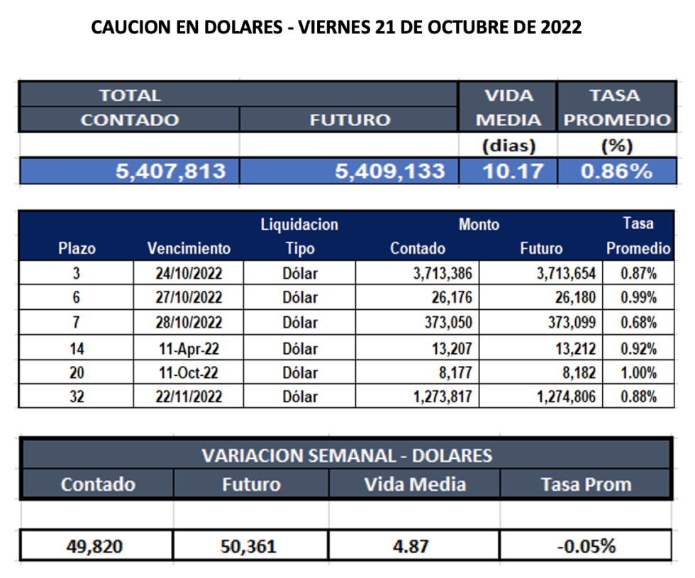 Cauciones bursátiles en dolares al 21 de octubre 2022