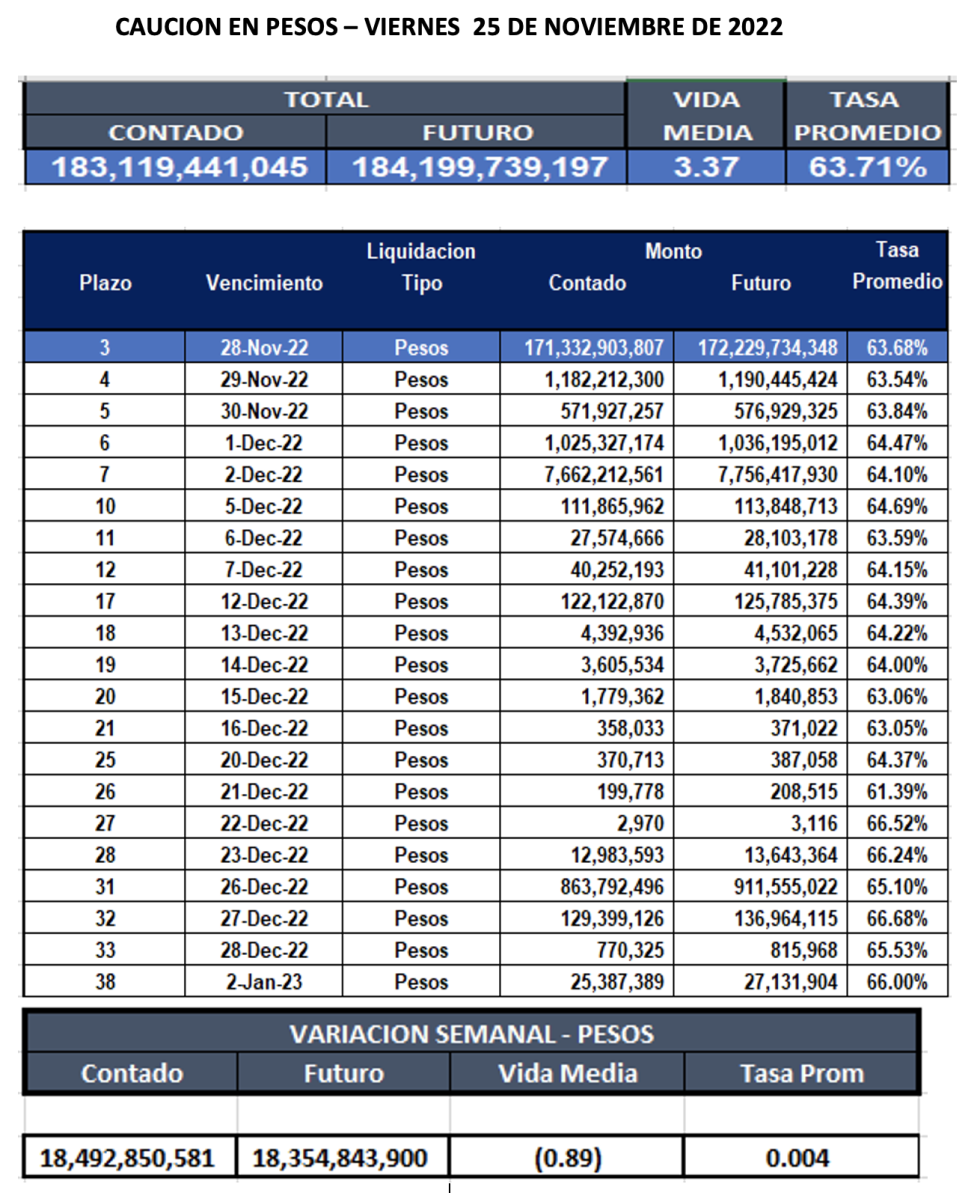 Cauciones bursátiles en pesos al 25 de noviembre 2022
