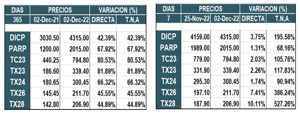 Bonos argentinos en pesos al 2 de diciembre 2022