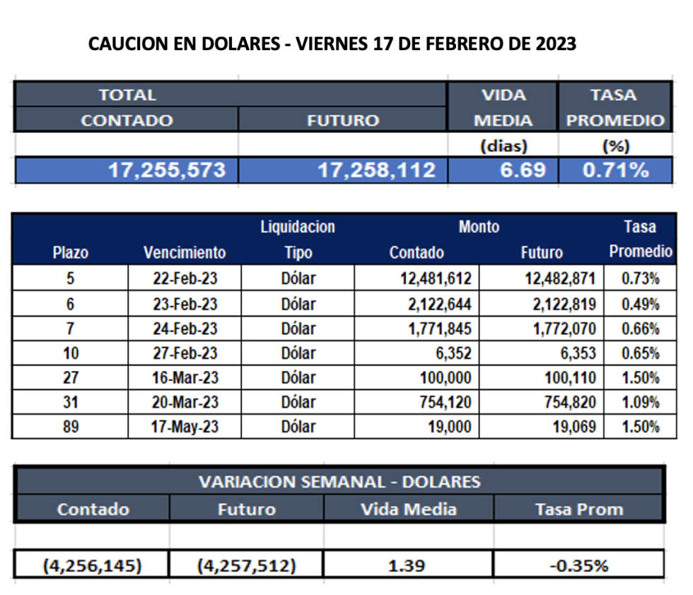 Cauciones bursátiles en dólares al 17 de febrero 2023