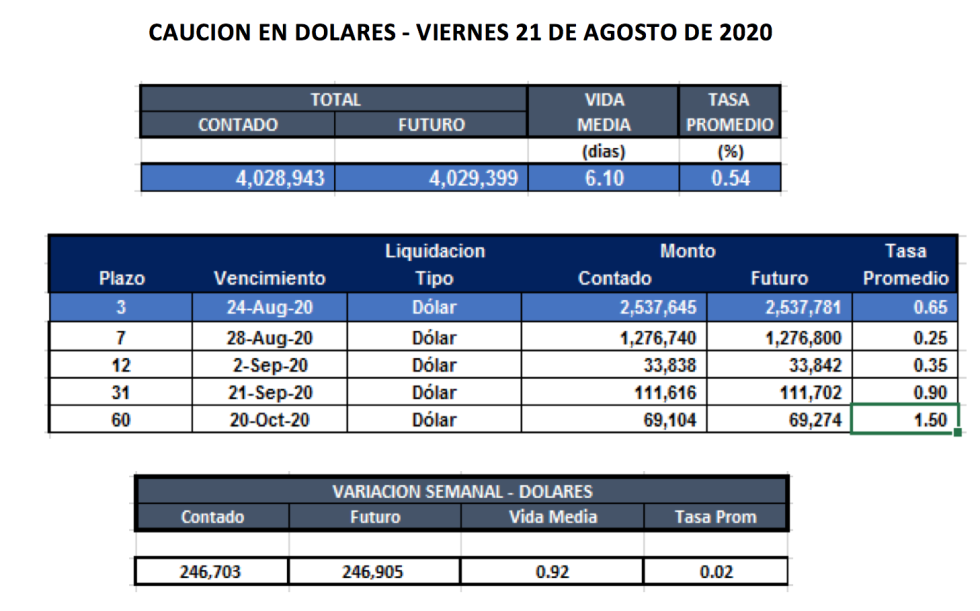 Cauciones bursátiles en dólares al 21 de agosto 2020