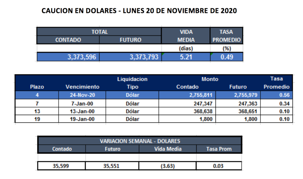 Cauciones bursátiles en dolares al 20 de noviembre 2020