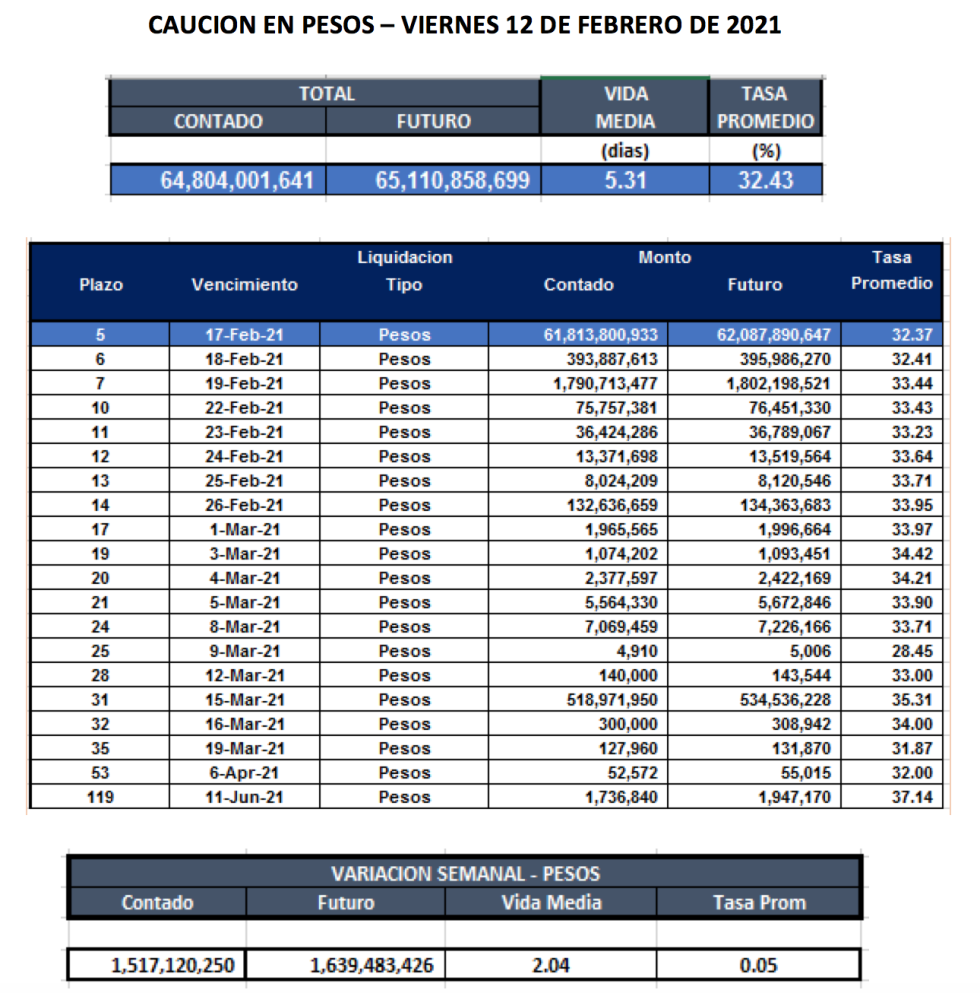 Cauciones bursátiles en pesos al 19 de febrero 2021