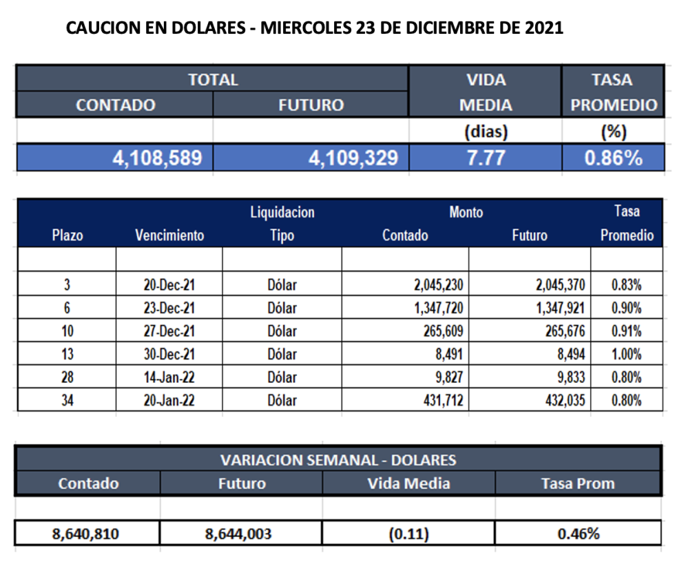 Cauciones bursátiles en dólares al 24 de diciembre 2021