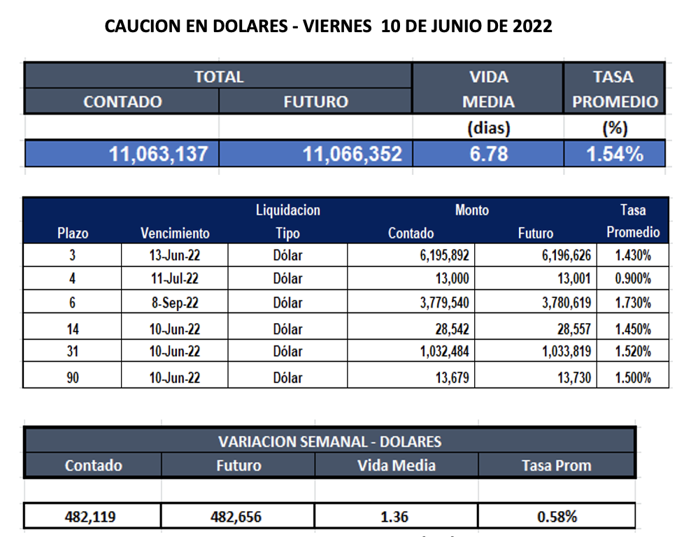 Cauciones bursátiles en dólares al 10 de Junio 2022