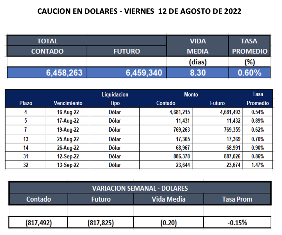 Cauciones bursátiles en dólares al 12 de agosto 2022