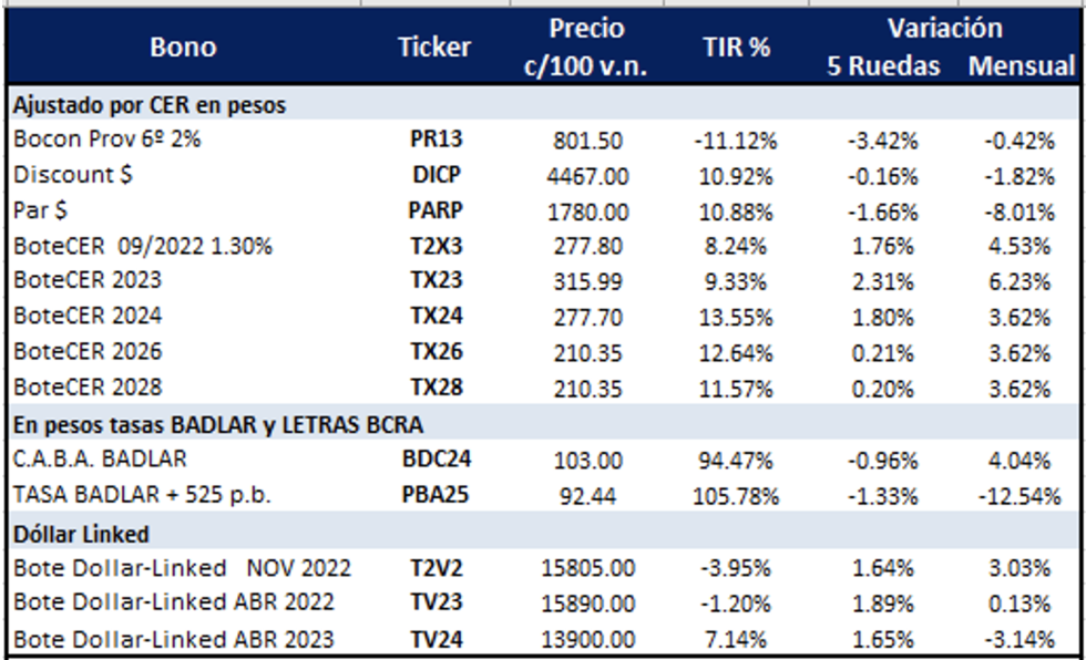 Bonos argentinos en pesos al 28 de octubre 2022