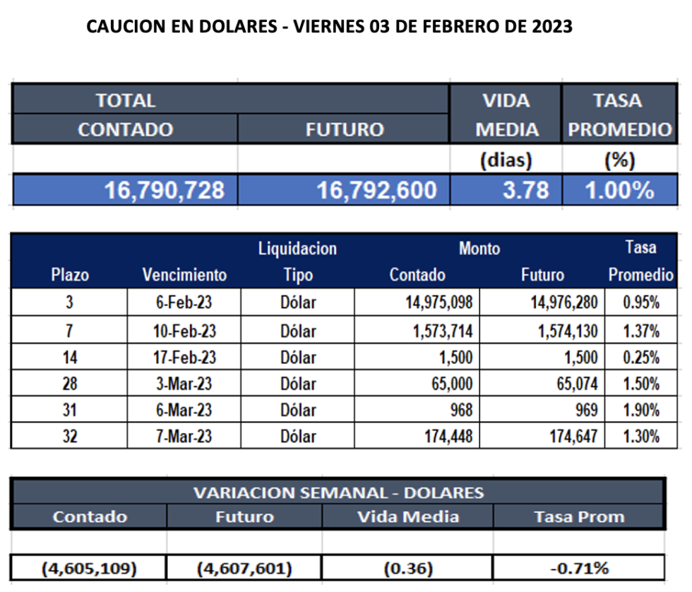 Cauciones bursátiles en dólares al 3 de febrero 2023