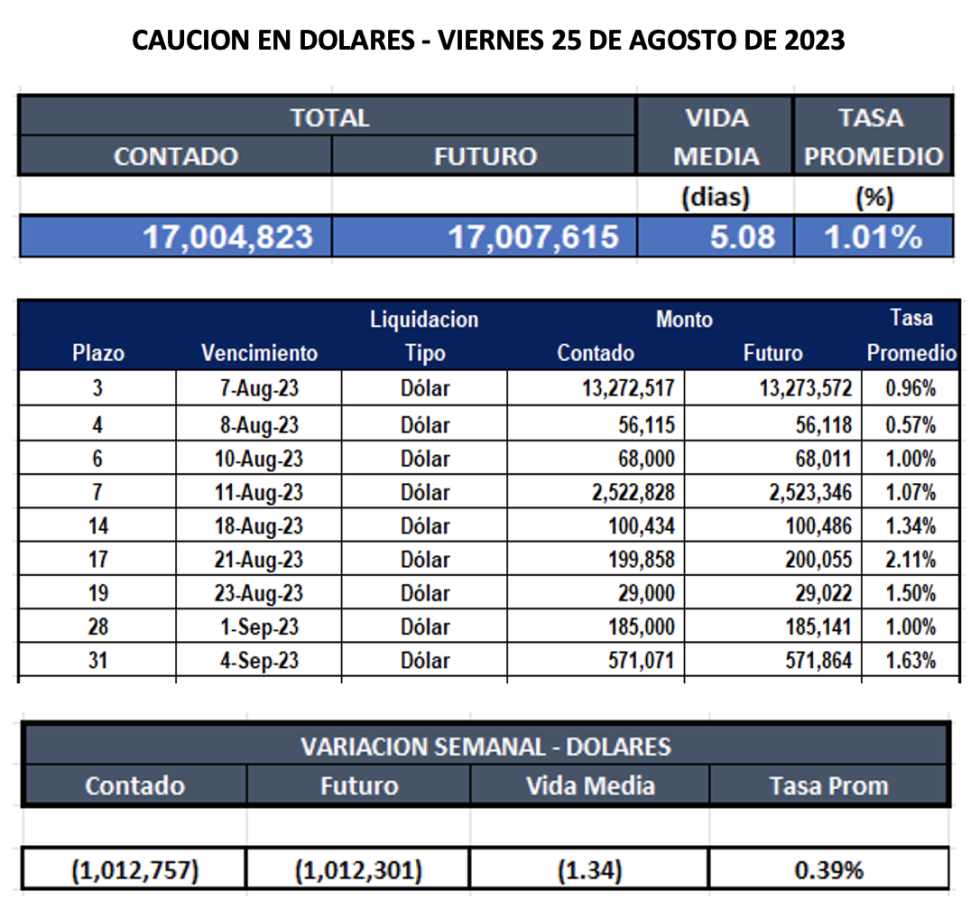 Cauciones bursátiles en dólares al 25 de agosto 2023