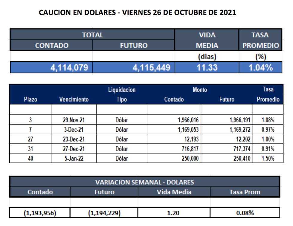 Cauciones bursátiles en dólares al 26 de noviembre 2021