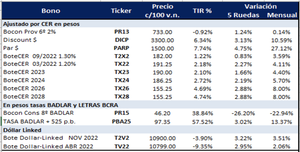 Bonos argentinos en pesos al 31 de diciembre 2021