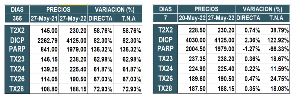 Bonos argentinos en pesos al 27 de mayo 2022