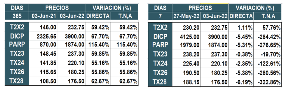 Bonos argentinos en pesos al 3 de junio 2022