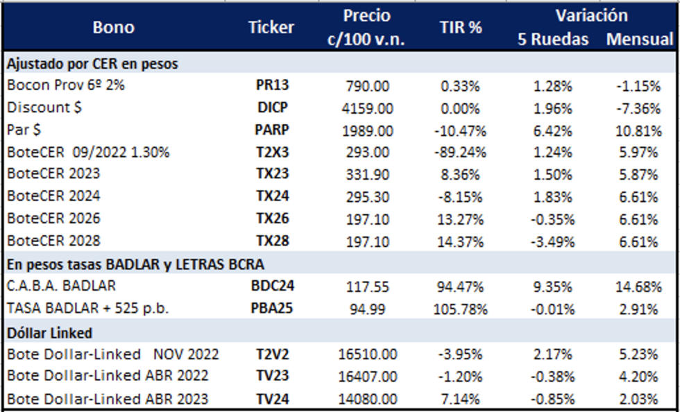 Bonos argentinos en pesos al 25 de noviembre 2022