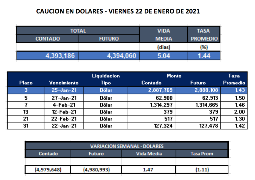 Cauciones bursátiles en dólares al 22 de enero 2021