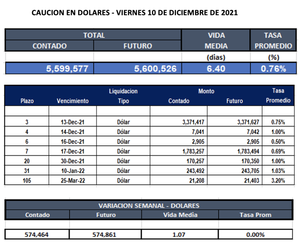 Cauciones bursátiles en dólares al 10 de diciembre 2021