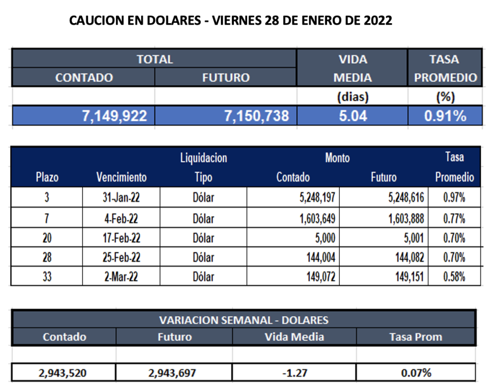 Cauciones bursátiles en dólares al 28 de enero 2022