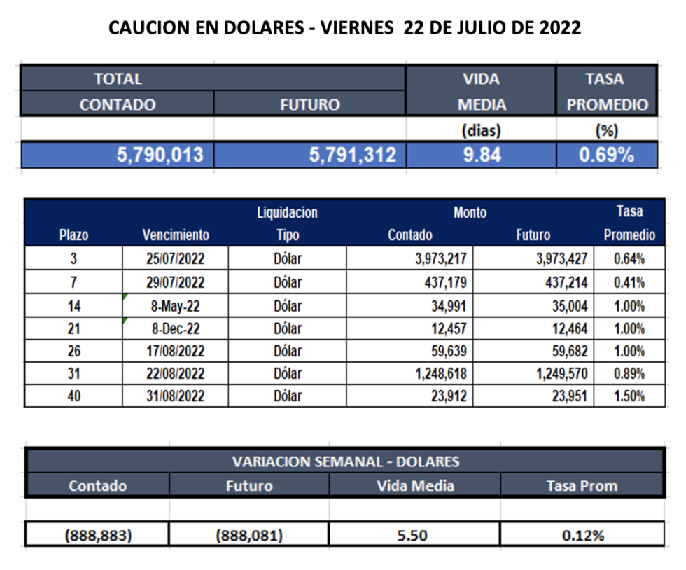 Cauciones bursátiles en dólares al 22 de julio 2022