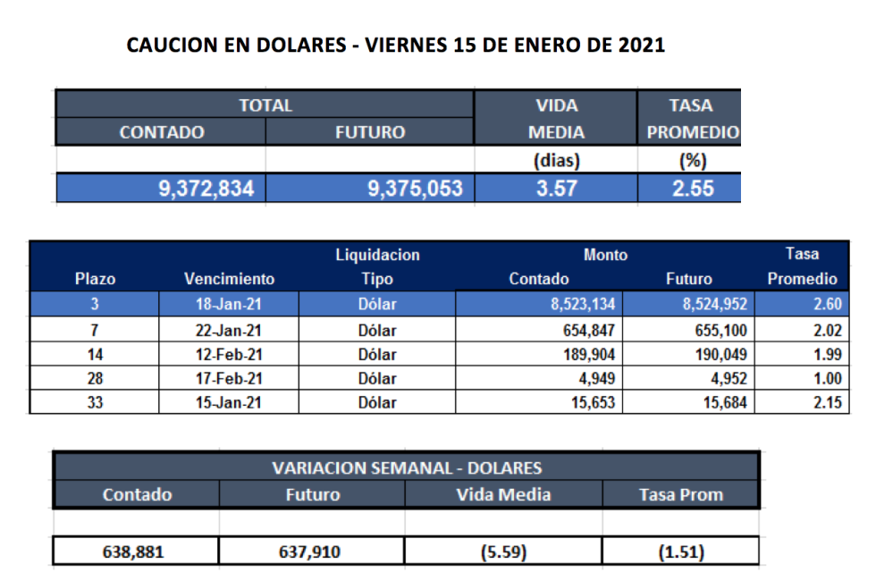 Cauciones bursátiles en dolares al 15 de enero 2021