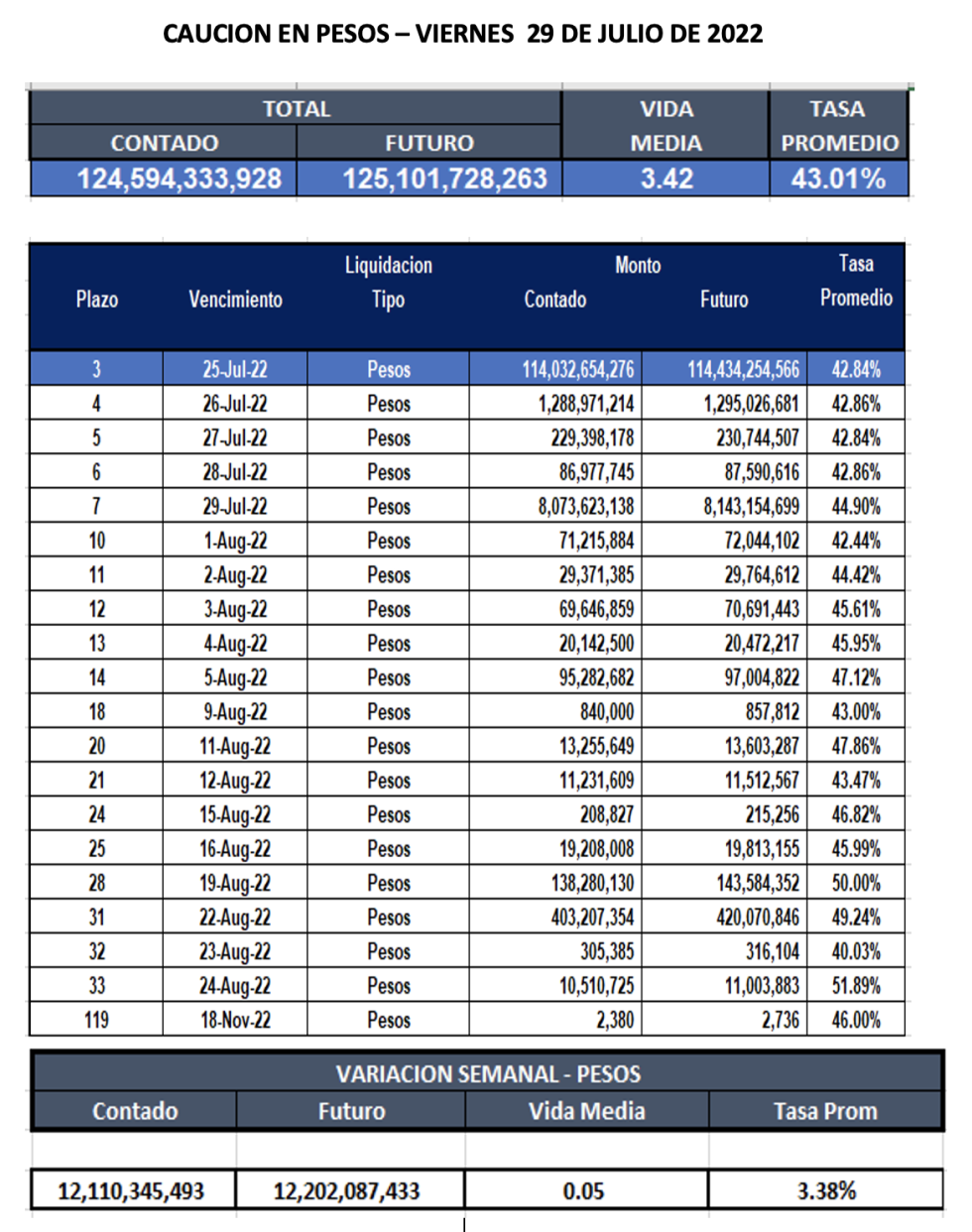 Cauciones bursátiles en pesos al 29 de julio 2022
