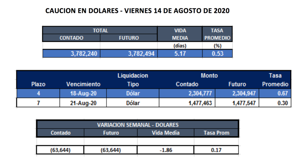 Cauciones bursátiles en dólares al 14 de agosto 2020