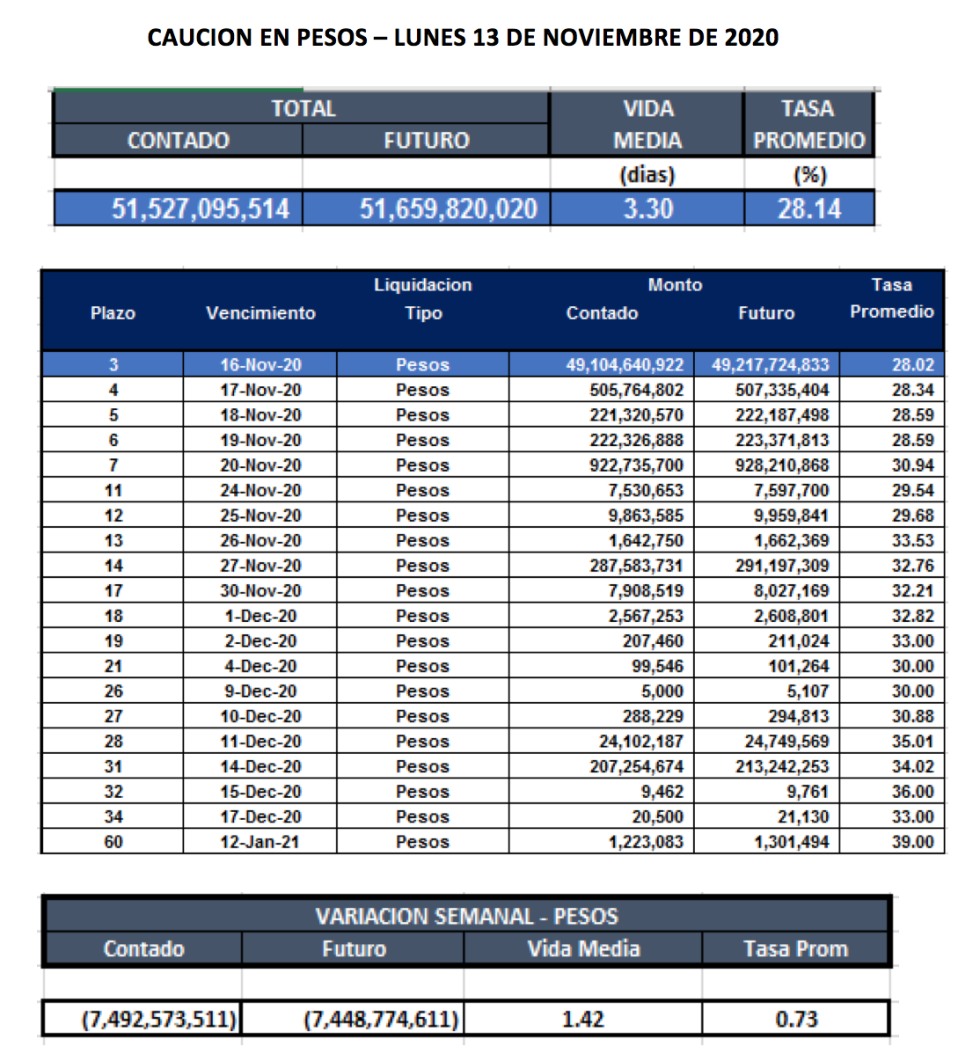 Cauciones bursátiles en pesos al 13 de noviembre 2020