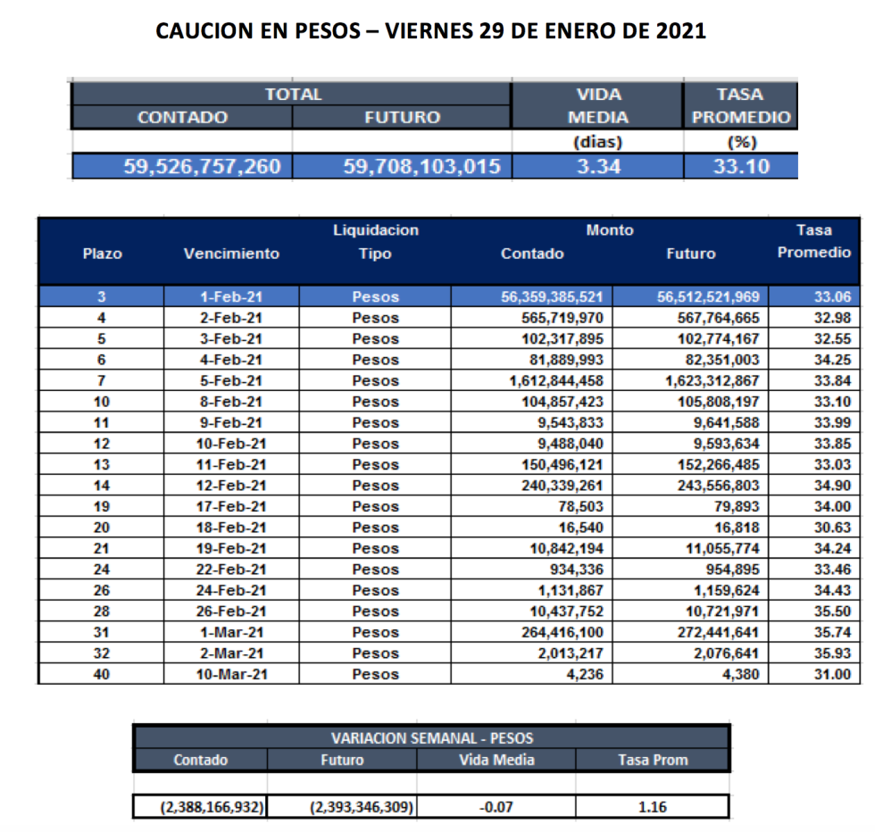 Cauciones bursátiles en pesos al 29 de enero 2021