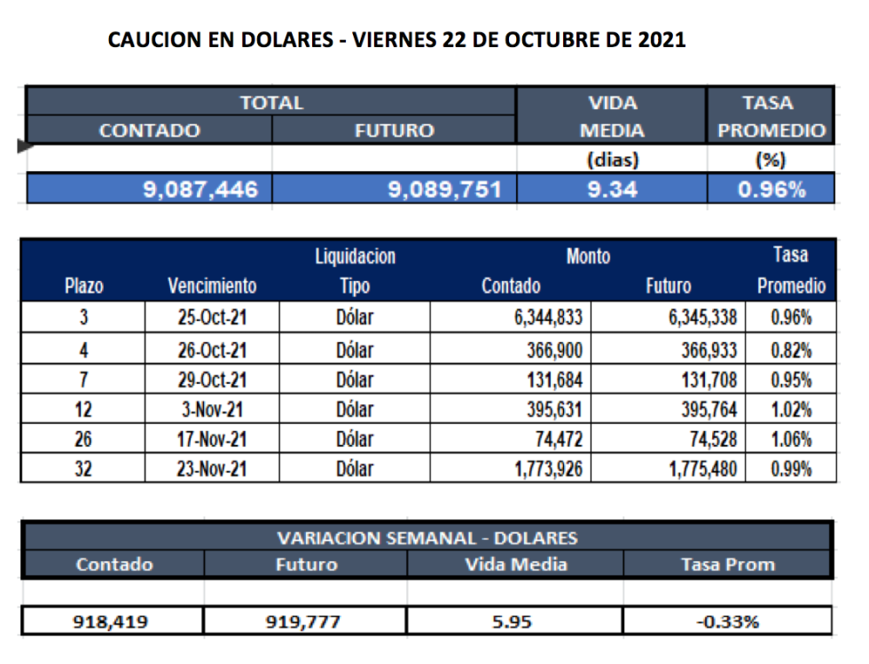 Cauciones bursátiles en dólares al 22 de octubre 2021