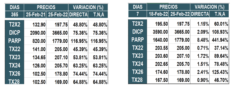 Bonos argentinos en pesos al 25 de febrero 2022