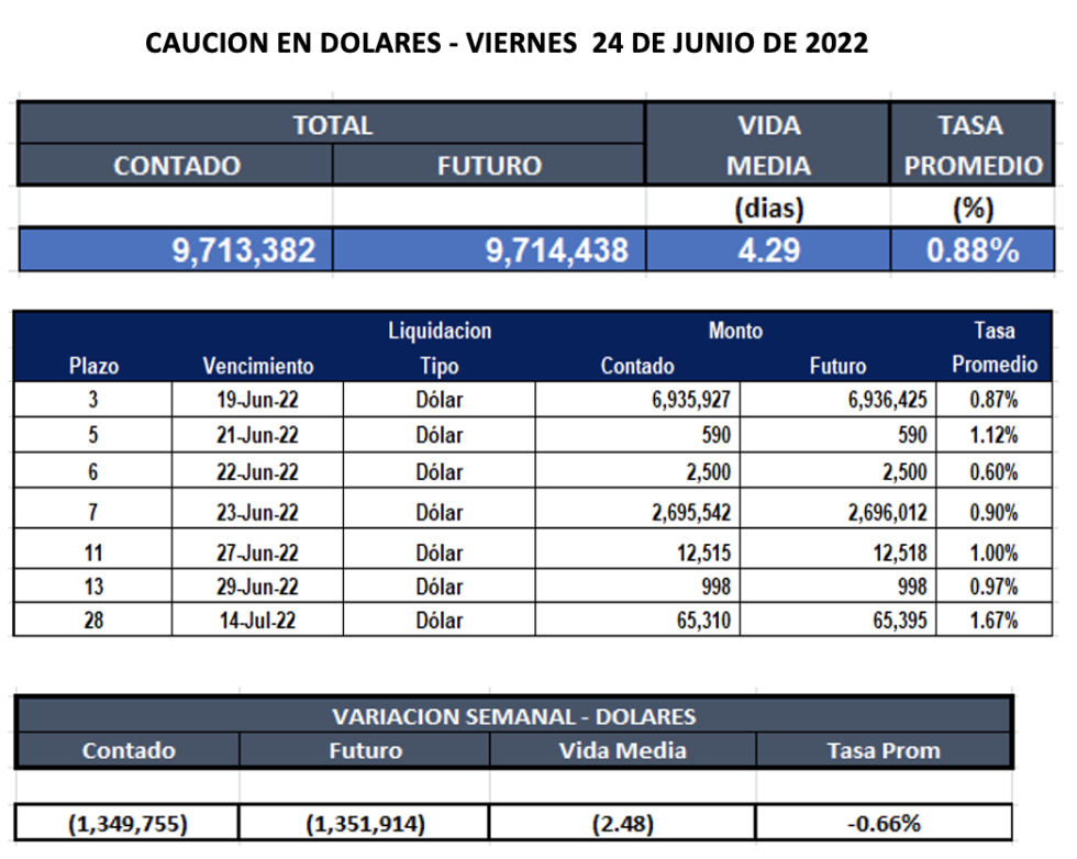 Cauciones bursátiles en dólares al 24 de junio 2022