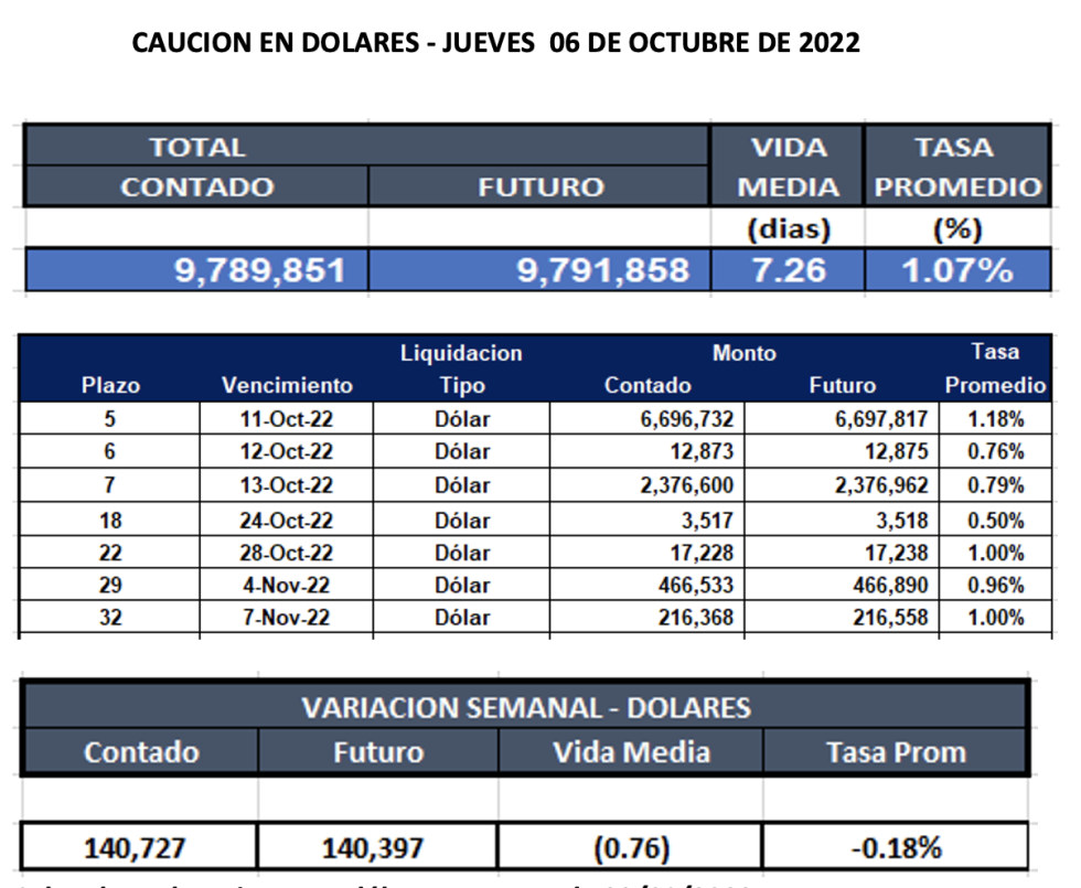 Cauciones bursátiles en dólares al 6 de octubre 2022