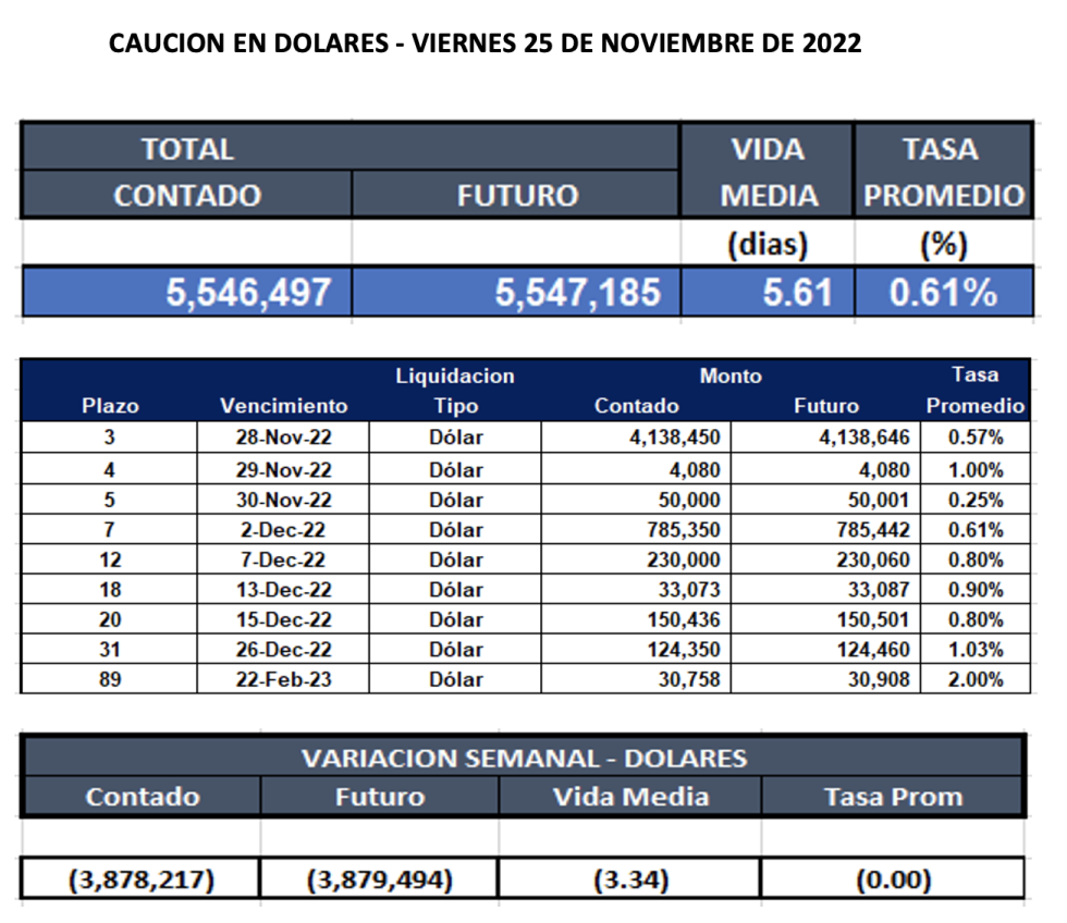 Cauciones bursátiles en dólares al 25 de noviembre 2022