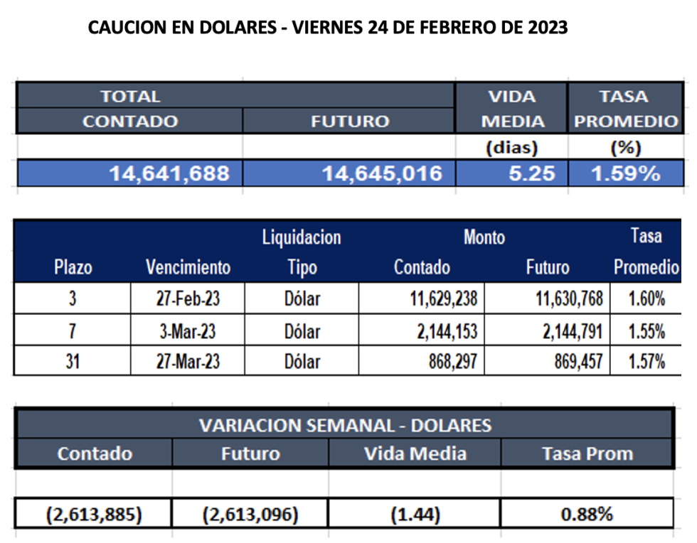 Cauciones bursátiles en dólares al 24 de febrero 2023