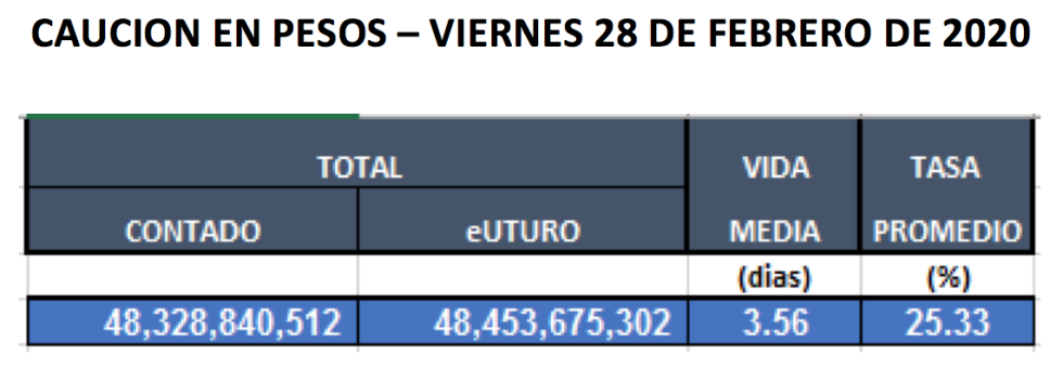 Cauciones en pesos al 28 de febrero 2020