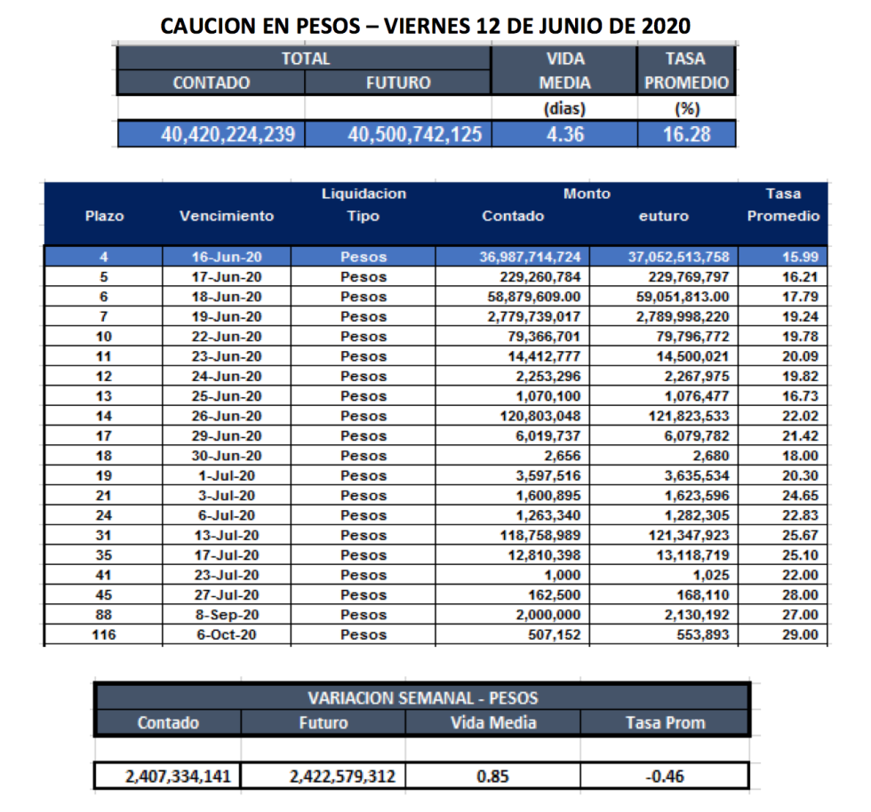 Cauciones bursátiles en pesos al 12 de junio 