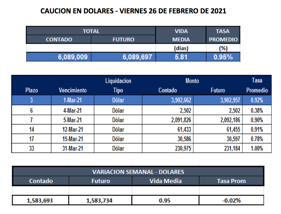 Cauciones bursátiles en dolares al 26 de febrero 2021